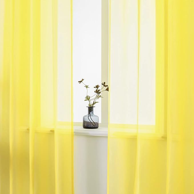 DUALIFE Yellow Sheer Curtains 63 Inch Length for Bedroom 2 Panels Grommet Solid Color Look Semi Sheer Sunmmer Curtains for Living Room Dining Bathroom Basement Kitchen 52x63 Inches Long
