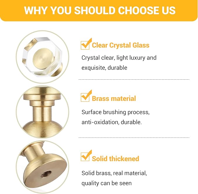 2-Pack 1-1/4-Inch Gold knob Dresser knobs White Cabinet Glass Crystal knobs Brass Drawer Polygonal Dresser Pulls, Drawer pulls