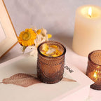 DEVI 24pcs Vintage Amber Votive Candle Holders, Amber Glass Tea Lights Candle Holder for Baby Shower, Boho Wedding Decorations, Vintage Boho Party Home Fall Centerpieces Table Decoration