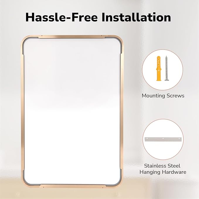 USHOWER Gold Bathroom Mirror 30"x40", Brushed Gold Rectangle Mirror for Over Sink, Rounded Corner, Aluminum Frame, Anti-Rust, Tempered Glass, Horizontal or Vertical Mounted