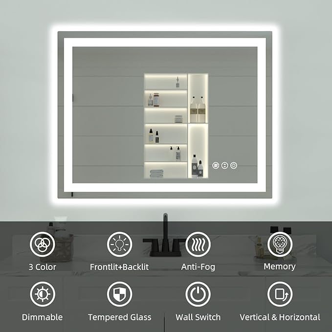 LED Bathroom Mirror, 48"X40" with Front and Backlit, Anti-Fog, Bathroom Vanity Mirror with Memory Function, Stepless Dimmable Lighted Bathroom Mirror, Tempered Glass (Horizontal/Vertical)