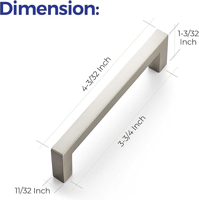 Ravinte 20 Pack Solid 3-3/4 Inch Center to Slim Square Bar Drawer Handles Cabinet Brushed Nickel Pulls Kitchen Hardware, Satin Nickel, 3-3/4'' Hole