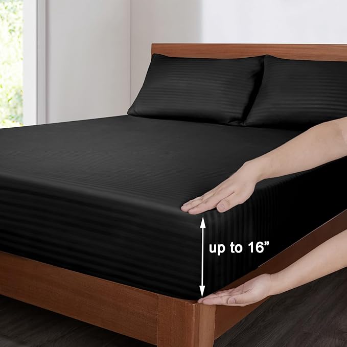 Mejoroom Striped Full Size Sheets – Extra Soft Full Size Bed Sheets - 16inches deep Pocket Full Sheet Set, Breathable, Wrinkle, Fade and Stain Resistant – 4 Piece(02-Black)