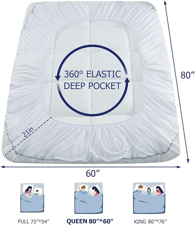 Marine Moon Mattress Topper Queen, Cooling Plush Bed Thick Pillow Top Pad, Hotel Quality Down Alternative for Queen Size with Deep Pocket,Soften Hardened Bed