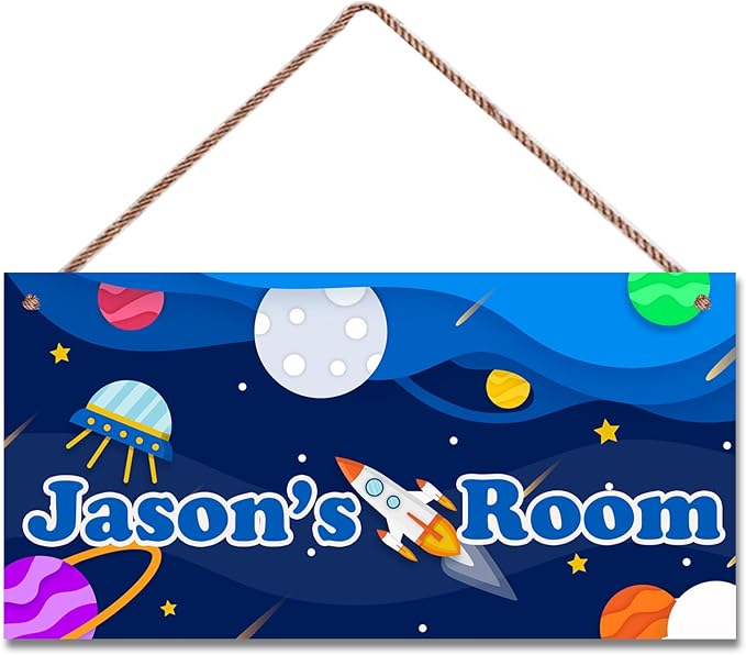 Personalized Sign Rocket Sign, Outer Space Theme Wall Art Decor For Little Man Cave Custom Name Door Plate for Kids Room Nursery Stars Art Plate For Girls Bedroom Boys Room