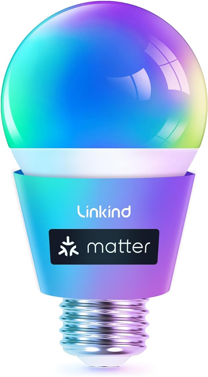 Linkind Matter Smart Light Bulb, Smart Bulbs Work with Alexa/Apple Home/Google Home, Color Changing Light Bulbs Music Sync, Preset Scenes, Mood Lights, 2.4Ghz WiFi Only, A19 E26 60W 1 Pack