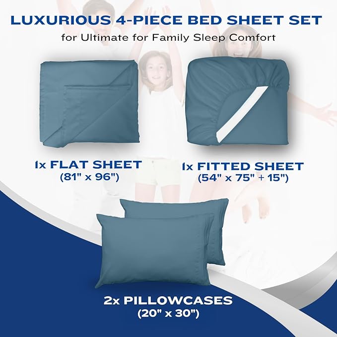 DREAMCARE Full Size Sheets Set - 4 Pcs Cooling Bed Sheets with Up to 15" Deep Pockets - Soft, Long-Lasting 100% Brushed Polyester with Side Pocket (Mineral Blue)
