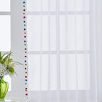 Treatmentex Sheer White Curtains with Multi-Color Pom-Pom Sheer Curtains for Toddler 84" Long Linen Textured Decorative Nursery Room Window Drapes 52" w 1Pair