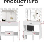 Vanity Table Set with Lighted Mirror - Makeup Vanity with Charging Station, Large Drawer Sturdy Wood Vanity with Lights, 3 Color Modes, Adjustable Brightness, White