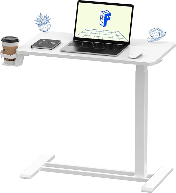 FLEXISPOT H7 Adjustable Overbed Bedside Table with Wheels Pneumatic Mobile Standing Desk Laptop Desk Rolling Computer Cart Movable Overbed Table Hospital Home Use(27.6" W x 15.7" D, White)