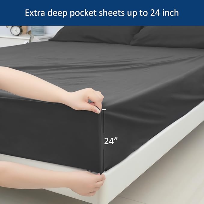 Moonsea Full Sheet Set for Extra Deep Pocket Air Mattress - Full Size Sheet Sets - Sheets with Pocket on Side - Easily Fits Extra Deep 16 in to 24 in Pillow Top Air Mattress (Black)