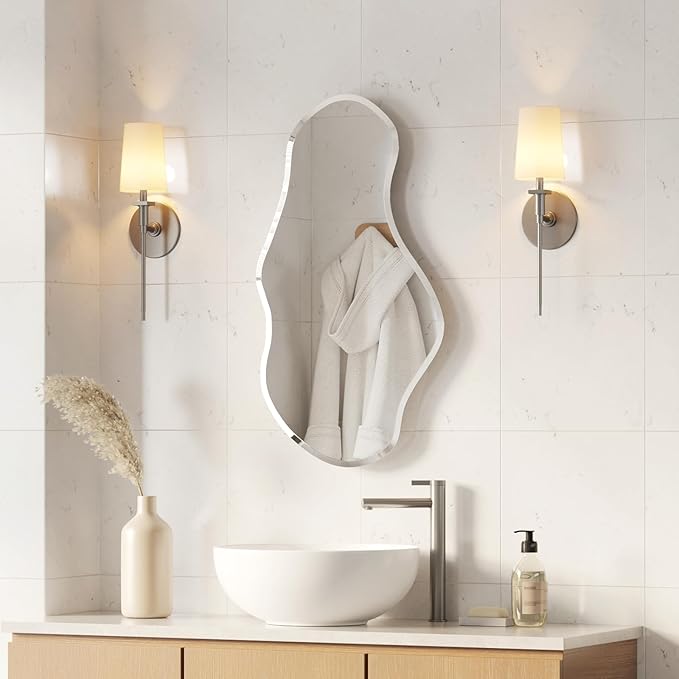USHOWER Irregular Wall Mirror 20"x36", Frameless Wavy Mirror with Beveled & Polished Edge, Wall Mirrors Decorative for Bathroom, Bedroom, Living Room, Entryway, Cloakroom Renovation