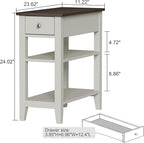 ChooChoo Side Table Living Room Set of 2, Narrow End Table with Drawer and Shelf, 3-Tier Sofa End Table for Small Space, White and Brown