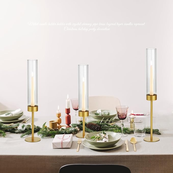 Glass Hurricane Candle Holders Set (6pcs)-Gold Metal Base Taper Candle Stick Holders for Candlesticks Holder Decor, Elegant Dining Table Centerpiece for Wedding, Christmas & Home Decor-Ribbed Glass