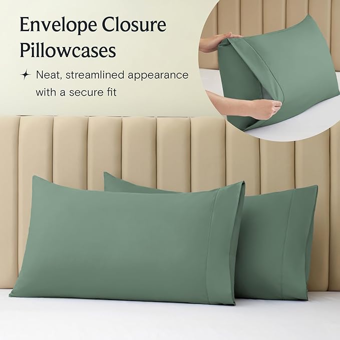 LuxClub 5 PC Split King Sheet Set, Breathable Luxury Bed Sheets, Deep Pockets Wrinkle Free Cooling Sheets Machine Washable Hotel Bedding Silky Soft - Tree Moss Green Split King