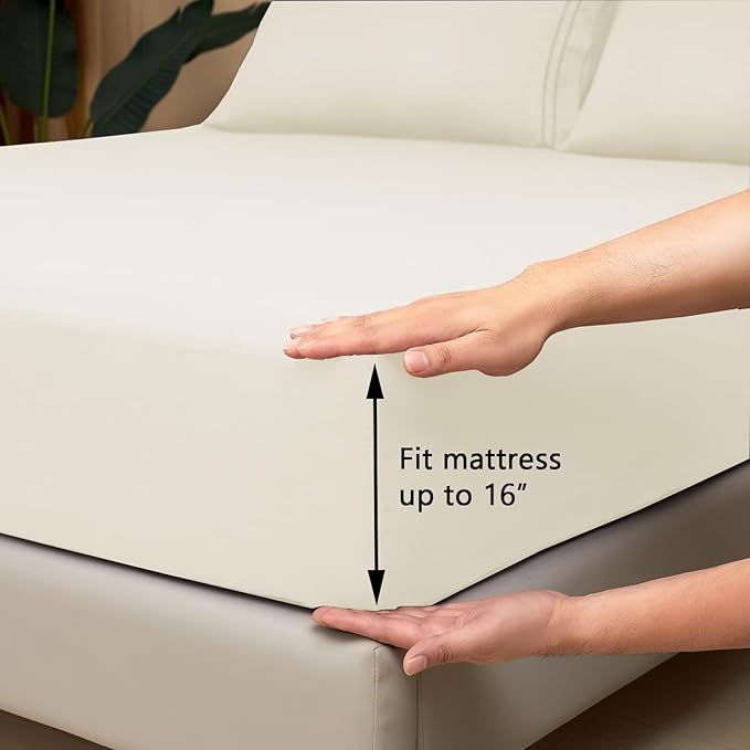 Mejoroom King Size Bed Sheet Set - Hotel Luxury 1800 Bedding Sheets & Pillowcases - 16" Deep Pocket Fitted Sheet, Soft, Breathable, Wrinkle & Fade Resistant - 4 Piece(King, Ivory)