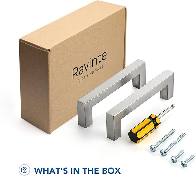 Ravinte 5 Pack Brushed Nickel Kitchen Cabinet Handles 4 Inch Cabinet Pulls Square Kitchen Hardware for Cabinet Drawer Pulls Drawer Handles Come with Screwdriver