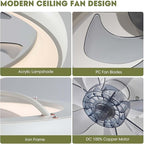20" Modern White Flush Mount Ceiling Fan with Lights, 6 Wind Speeds, LED, Voice Control, Bedroom, Living Room, Kitchen