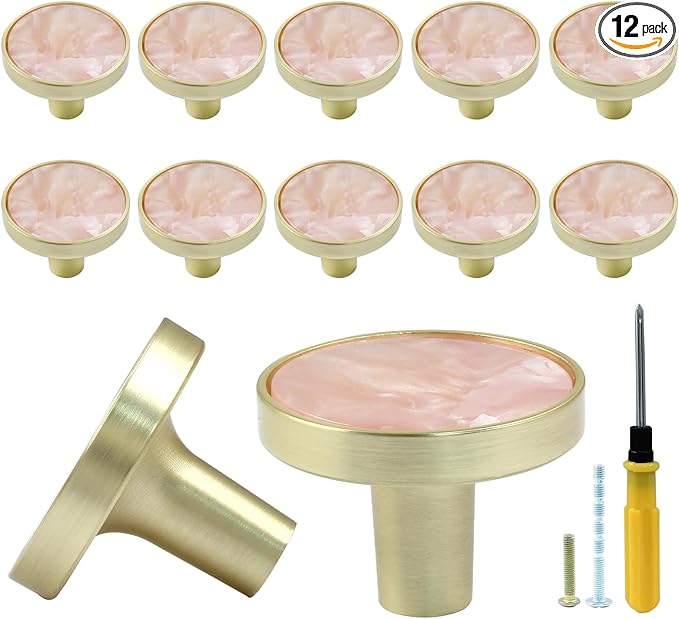 12 Pcs Gold Knobs for Dresser Drawers, Round Dresser Cabinet Knobs Pulls for Kitchen Cabinet Cupboard Door Furniture Decorative, Pink
