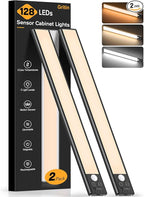 Gritin 14.7inch Under Cabinet Lighting Rechargeable - 128 LED Super Bright, 3-Color&5 Level Brightness, 4 Modes, Motion Sensor, Long Lasting-Easy Installation Magnetic Closet Lights - 2 Pack-Black