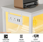 Furnulem Dresser for Bedroom, Tall Nightstand, Vertical Chest with Wood Top, Charging Station, LED Lights, 5 Fabric Bins, Bedside Table with Shelf, Furniture for Entryway (5 Drawer, White)