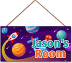 Personalized Rocket Sign Outer Space Themed For Kids Room Nursery Baby Playroom Door Decor,Custom Name Stars Satellite Wall Decor Decorative Plate for Boys Room Girls Bedroon