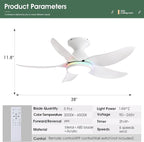 Ceiling Fans with Lights Remote/APP Control, 38" Low Profile Ceiling Fans with Dimmable White Colors+Ring RGB Lights, 6 Speeds 5 Reversible Blades for Kids Room Bedroom Living Room, White