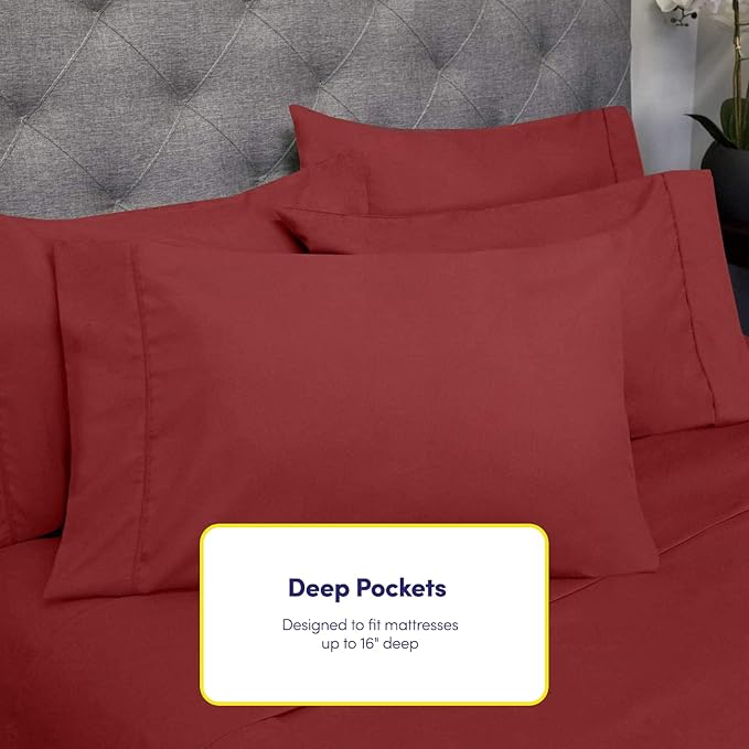 Queen Sheets Burgundy - 6 Piece 1500 Supreme Collection Fine Brushed Microfiber Deep Pocket Queen Sheet Set Bedding - 2 Extra Pillow Cases, Great Value, Queen, Burgundy