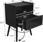 Mid Century Modern Nightstand with Charging Station, Bedside Tables with Glass Drawer, End Table Side Table with 2 Tiers Storage Space, for Bedroom, Living Room, Black