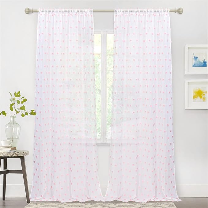 MYSKY HOME 95 Inch Length Pink Pom Pom Sheer Curtains for Bedroom & Living Room - Large Sliding Door Curtains - Light Filtering - Rod Pocket - 52 x 95 in - 2 Panels