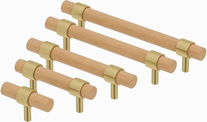 Wooden Drawer Pulls,6-Pack Beech Wood Drawer Handles 6.3in,Suitable for Kitchen, Living Room, Bedroom, Bathroom and Other Scenes,Gold