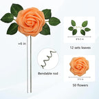 JOYLEX Artificial Flowers Orange Realistic Roses, 50pcs Real Looking Fake Roses with Stem for DIY Wedding Bouquets Centerpieces Bridal Shower Party Home Romantic Decorations (50pcs, Orange)