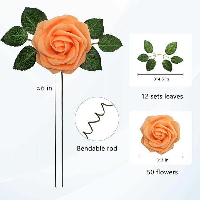JOYLEX Artificial Flowers Orange Realistic Roses, 50pcs Real Looking Fake Roses with Stem for DIY Wedding Bouquets Centerpieces Bridal Shower Party Home Romantic Decorations (50pcs, Orange)