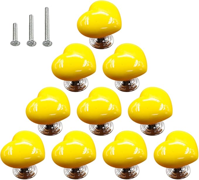 HUAMULAN 10PCS Heart Shape Glossy Ceramic Knobs Cabinet Dresser Pulls Door Handles Cupboard Wardrobe Drawer Backplate,Yellow