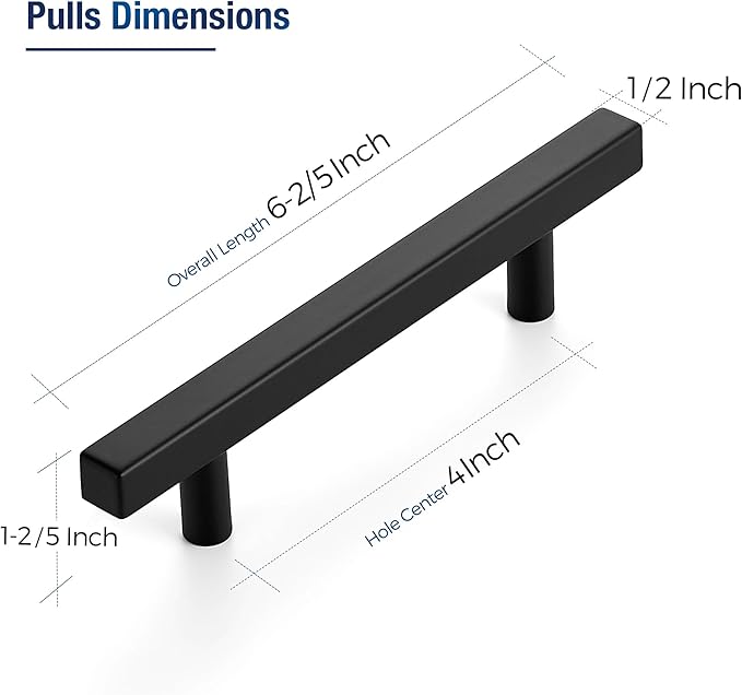 JOY DECOR 60 Pack 4 Inch Matte Black Square Cabinet Handles Stainless Steel Cabinet Hardware Pulls for Kitchen and Drawers with 6-2/5 Inch Overall Length