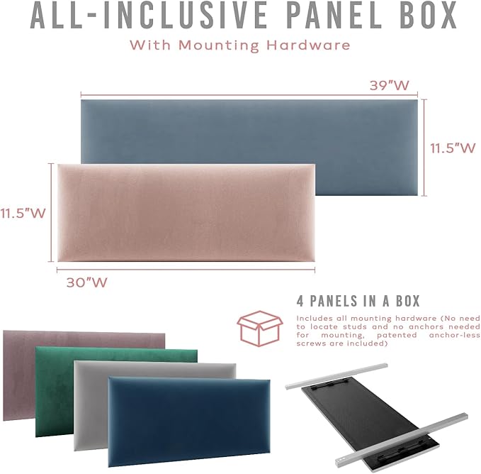 Vänt Upholstered Wall Panels - King/Cal King Size Wall Mounted Velvet Headboards - Velvet Smoke Grey - Twin/King - Set of 4 Panels (Each Individual Panel 39"x11.5")