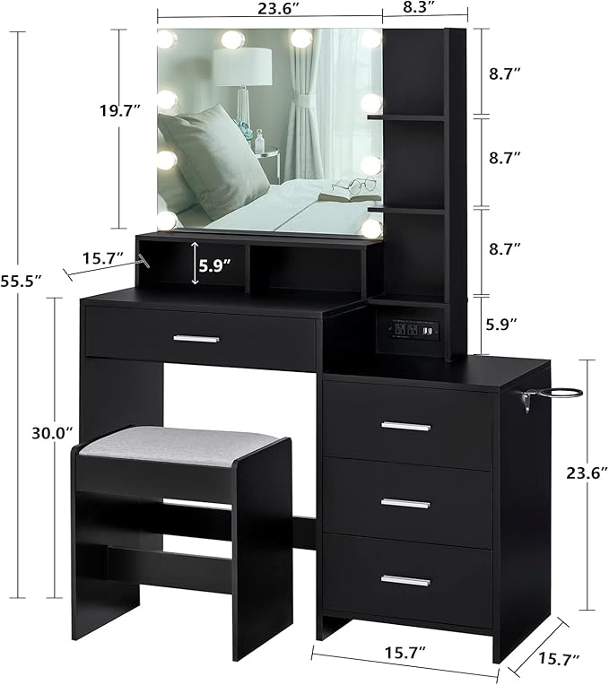 usikey Large Vanity Table Set with Lighted Mirror & Charging Station, Makeup Vanity Dressing Table with 4 Storage Shelves and 4 Drawers, Vanity Desk with 3-Drawer Chest and Cushioned Stool, Black