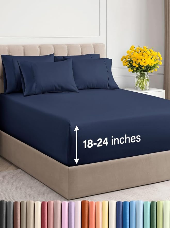 Extra Deep Full Sheet Set - 6 Piece Breathable & Cooling Sheets - Hotel Luxury Bed Sheets Set - Easy & Secure Fit - Soft, Wrinkle Free & Comfy Sheets Set - Navy Blue Sheet Set with Extra Deep Pockets