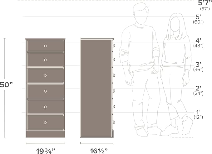 Prepac Astrid Tall Gray Dresser: 16.5"D x 19.75"W x 50"H, 6-Drawer Chest for Bedroom by Prepac - Perfect Chest of Drawers for Ample Storage, Drifted Gray
