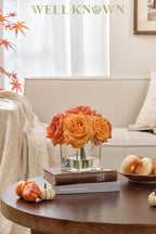 WELL KNOWN Rose Artificial Flowers in Vase with Faux Water, Silk Rose Table Centerpieces for Home Coffee Table Decor, Fake Roses Flower Arrangements for Office Hotel Lavatory Decor (Burnt Orange)