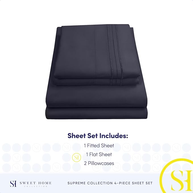 RV Queen Bed Sheets - Breathable Luxury Sheets with Full Elastic & Secure Corner Straps Built In - 1800 Supreme Collection Extra Soft Deep Pocket Bedding Set, Sheet Set, RV Short Queen, Navy
