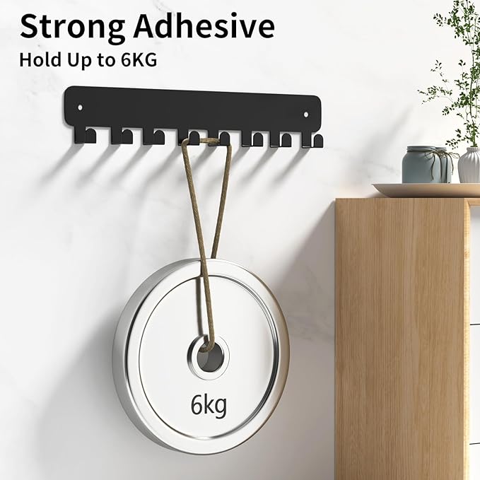 pickpiff 1 Pack Key Holder for Wall Adhesive, Key Hooks with 8 Hooks Wall Mounted, Black Key Hangers for Living Room, Kitchen, Office