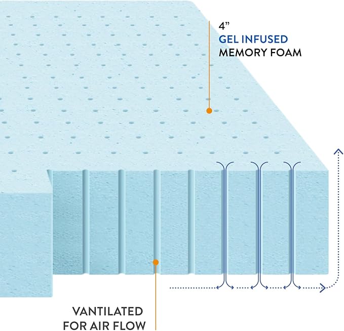 Best Price Mattress 4 Inch Ventilated Memory Foam Mattress Topper, Cooling Gel Infusion, CertiPUR-US Certified, Dorm Essentials, King