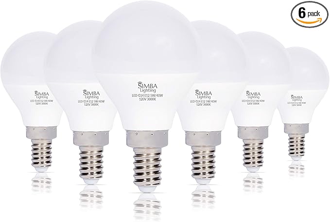 Simba Lighting LED Candelabra E12 Base G14 Small Globe 5W 40W Replacement Light Bulb (6 Pack) for Ceiling Fan, Chandelier, Vanity, Round A15 Frosted White Cover, Non-Dimmable, 3000K Soft White