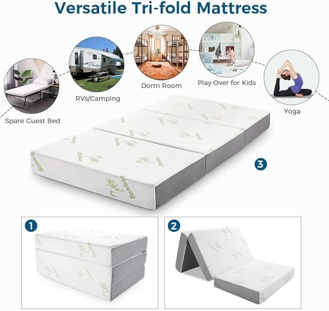 Inofia Full Folding Mattress, 6 Inch Trifold Memory Foam Mattress with Ultra Soft Removable Cover, Foldable & Portable Full Size Bed (73" x 52" x 6")