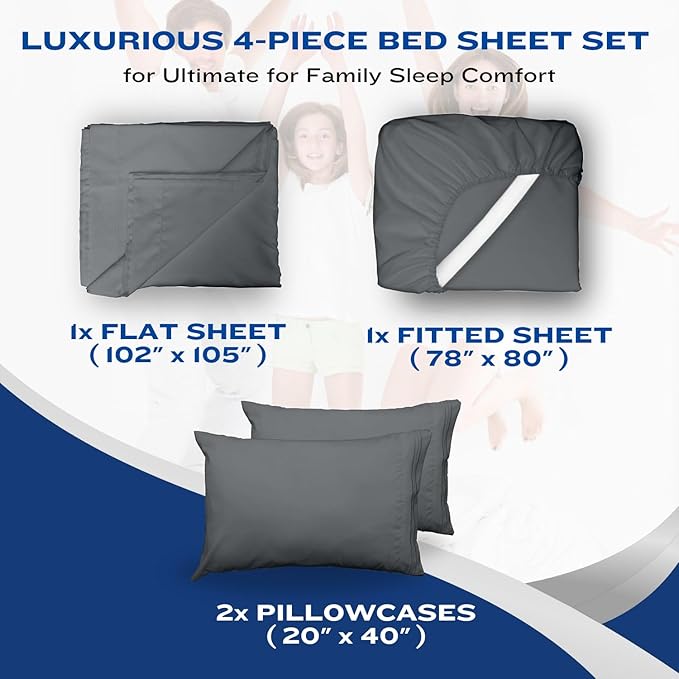 DREAMCARE King Size Sheets Set – 4 pcs Cooling Sheets – up to 21” Deep Pocket King Sheet Set – Hotel Luxury Sheets & Pillowcases – Superior Softness 100% Fine Microfiber with Side Pocket – Dark Gray