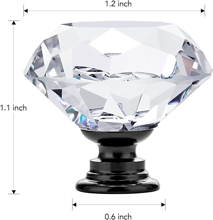 Ravinte 3 Pack Crystal Drawer Knobs - Glass Cabinet Knobs, Diamond Shaped, 30 mm with Black Base