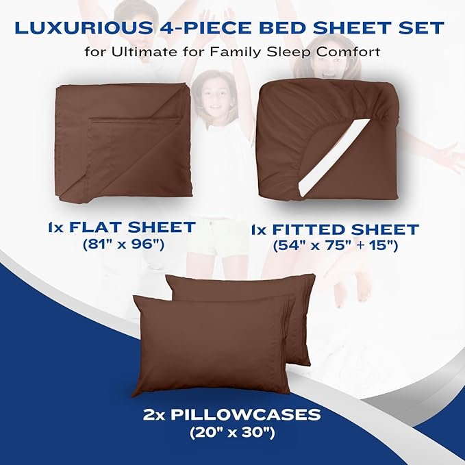 DREAMCARE Full Size Sheets Set - 4 Pcs Cooling Bed Sheets with Up to 15" Deep Pockets - Soft, Long-Lasting 100% Brushed Polyester with Side Pocket (Mocha Brown)