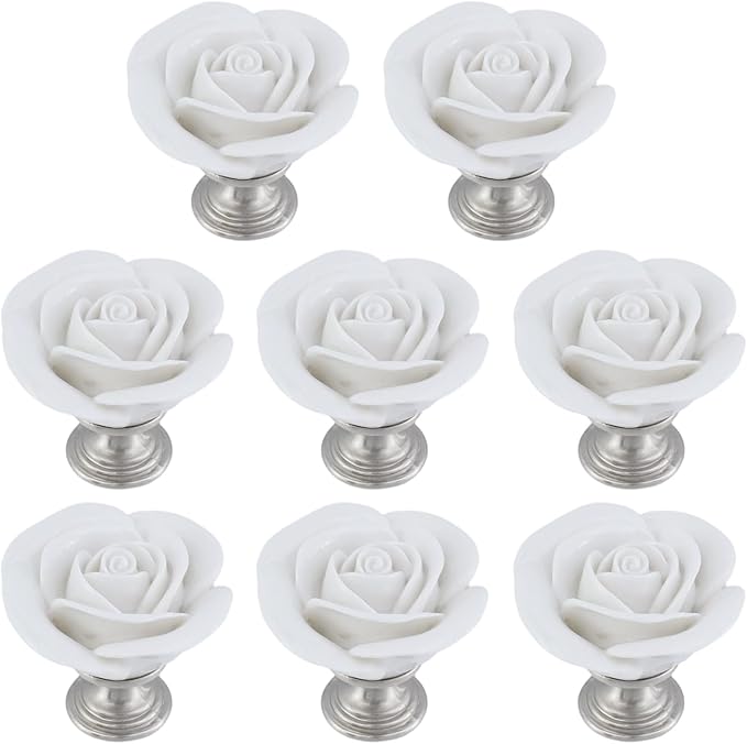 8PCS 1.65" × 1.54" White Rose with Base Knobs Ceramics Flower Shaped Pulls for Cupboard Drawer, with 2 Kinds of Screws