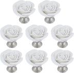 8PCS 1.65" × 1.54" White Rose with Base Knobs Ceramics Flower Shaped Pulls for Cupboard Drawer, with 2 Kinds of Screws